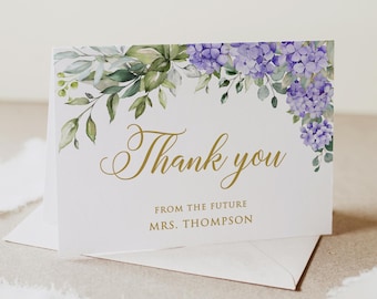 PRINTED or DIGITAL Purple Hydrangea Folded Bridal Shower Thank You Cards, BS75