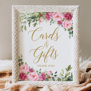 Cartes florales roses imprimées ou numériques et signe de cadeaux, signe de cartes de douche nuptiale, signalisation d'anniversaire, faux or, sans cadre, BS67-1