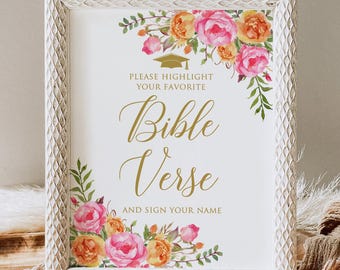 PRINTED or DIGITAL Hot Pink Orange Graduation Bible Verse Sign, Highlight Your Favorite Bible Verse, Bible Guest Book Sign, Unframed, PW58-2
