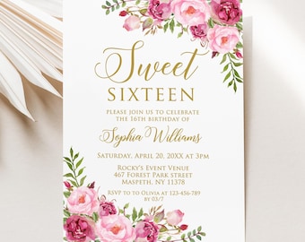 PRINTED or DIGITAL Hot Pink Floral Sweet Sixteen Invitation, Sweet 16 Birthday Invite, P77