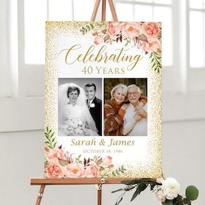 May include: A decorative sign on an easel, celebrating a 40th anniversary. The sign features two black and white photos of a couple, with the text "Celebrating 40 Years" in gold script. The sign is decorated with floral and glitter accents.