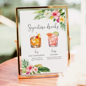Panneau de boisson tropical, imprimé ou numérique, panneau de menu de bar de mariage hawaïen, panneau de cocktail pour elle et lui, panneau en mousse ou affiche, PW1216