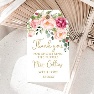 PRINTED or DIGITAL Floral Personalized Bridal Shower Favor Tags with Watercolor Pink Flowers, Birthday Thank You Tags, Faux Gold, P51-6