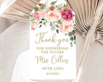 PRINTED or DIGITAL Floral Personalized Bridal Shower Favor Tags with Watercolor Pink Flowers, Birthday Thank You Tags, Faux Gold, P51-6