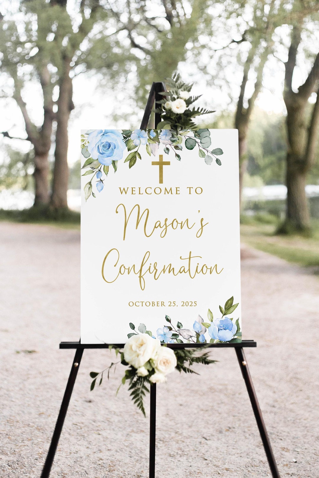 PRINTED Blue Floral Confirmation Welcome Sign, Boys Christening Welcome ...