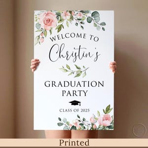 Panneau de bienvenue de l'obtention du diplôme floral rose poudré ou numérique, affiche en carton mousse, PW1268-2