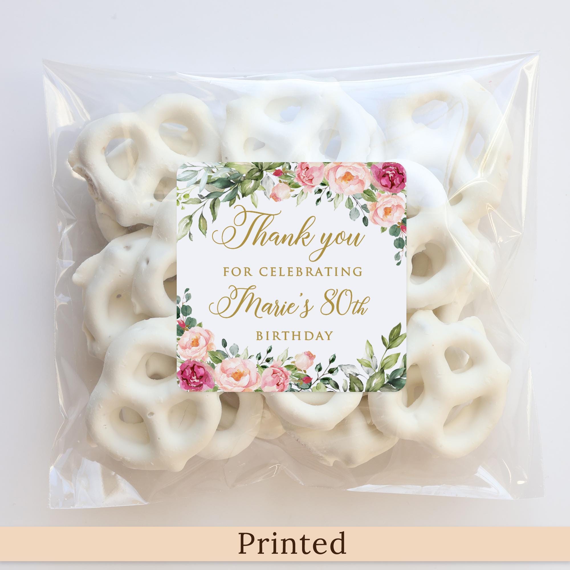 PRINTED or DIGITAL Pink Floral 80th Birthday Favor Sticker Labels, Personalized Treat Labels, Faux Gold, P57-1