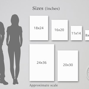 May include: Image showing the approximate scale of various rectangular art print sizes, including 18x24, 16x20, 11x14, 8x10, 24x36, and 20x30 inches. Silhouettes of a man and woman are included for scale. The text "Sizes (inches)" and "Approximate scale" are also present.