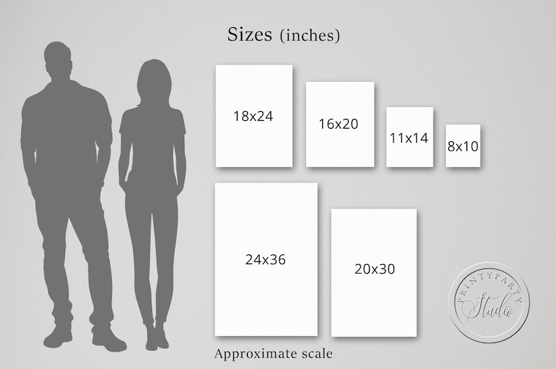 May include: Image showing the approximate scale of various rectangular art print sizes, including 18x24, 16x20, 11x14, 8x10, 24x36, and 20x30 inches. Silhouettes of a man and woman are included for scale. The text "Sizes (inches)" and "Approximate scale" are also present.