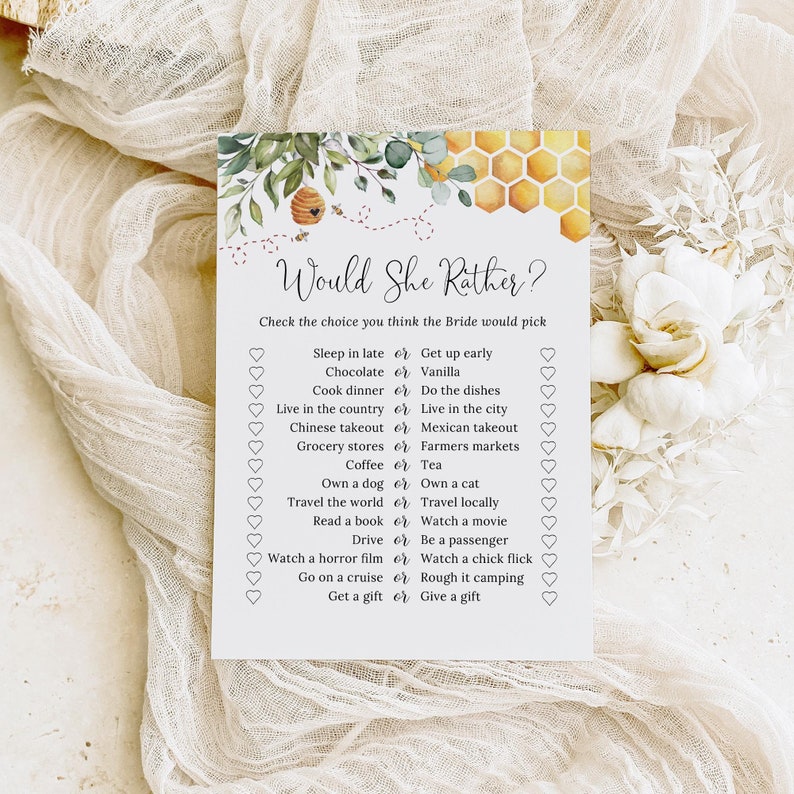 PRINTED or DIGITAL Bee Bridal Shower Games, Would She Rather Bridal Shower Game, Honey Bridal Shower, Wedding Shower Games, PW1497 image 1