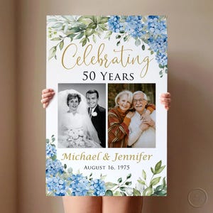 Panneau de bienvenue pour 50e anniversaire de mariage bleu hortensia imprimé ou numérique avec photo, célébration de ses 50 ans, faux or, panneau en mousse, BS23-1