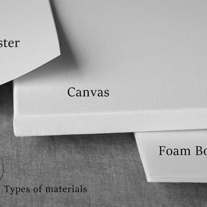 May include: A grayscale image showcasing three types of materials: poster, canvas, and foam board. The word "Poster" is visible on the top left, "Canvas" in the center, and "Foam Board" on the bottom right. The phrase "Types of materials" is also present.