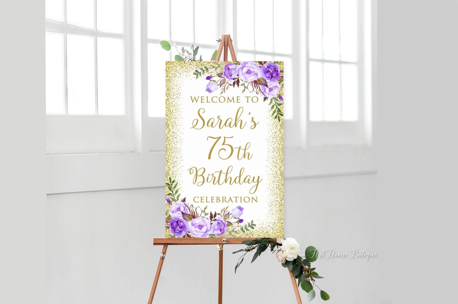 PRINTED or DIGITAL Purple Birthday Welcome Sign Lavender Floral 75th Birthday Poster or Foam Board PW7311