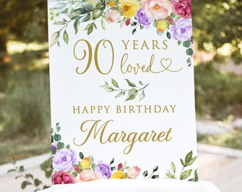 PRINTED or DIGITAL Pink Purple Yellow 90th Birthday Welcome Sign, 90 Years Loved, B84