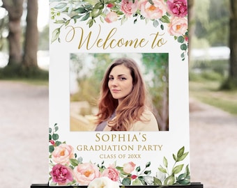 PRINTED or DIGITAL Pink Floral Graduation Photo Sign, Grad Party Yard Sign, P57-5