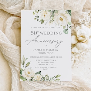 PRINTED or DIGITAL White Floral 50th Wedding Anniversary Invitation, Silver Anniversary Invite, BS85-1