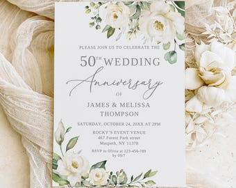 PRINTED or DIGITAL White Floral 50th Wedding Anniversary Invitation, Silver Anniversary Invite, BS85-1