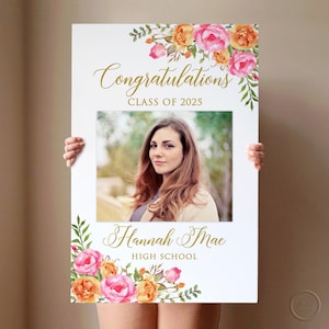 Panneau de bienvenue de remise des diplômes photo rose vif et orange, impression ou numérique, affiche florale de fête des diplômés ou panneau en mousse, imitation or, PW58-4