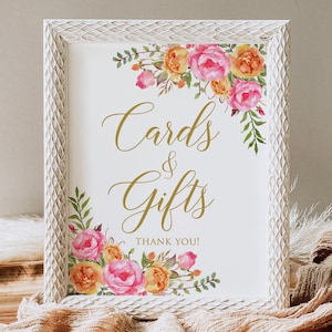 Cartes et cadeaux imprimés ou numériques rose vif et orange, panneau de cartes de mariage, panneau de cadeaux de douche nuptiale, faux or, sans cadre, PW58-1