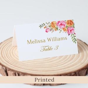 Marque-places rose fuchsia et orange imprimés et expédiés, cartes de table de mariage, cartes de visite d'anniversaire, faux or, PW58-2