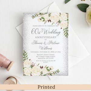 Faire-part de 60e anniversaire de mariage floral blanc, imprimé ou numérique, invitation d'anniversaire en argent, argent synthétique, PW598-1