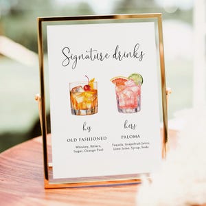 Enseigne de boisson signature moderne imprimée ou numérique, enseigne de menu de bar de mariage, enseigne de cocktail signature, PW1125