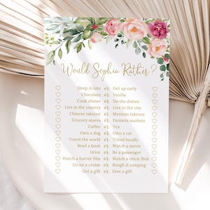 May include: A white card with the text "Would Sophia Rather?" in gold script, featuring a floral design of pink and green flowers. The card lists various choices, such as "Sleep in late or Get up early."