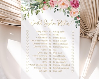 PRINTED or DIGITAL Pink Floral Personalized Bridal Shower Would She Rather Game, Birthday Game, Faux Gold, P51-2