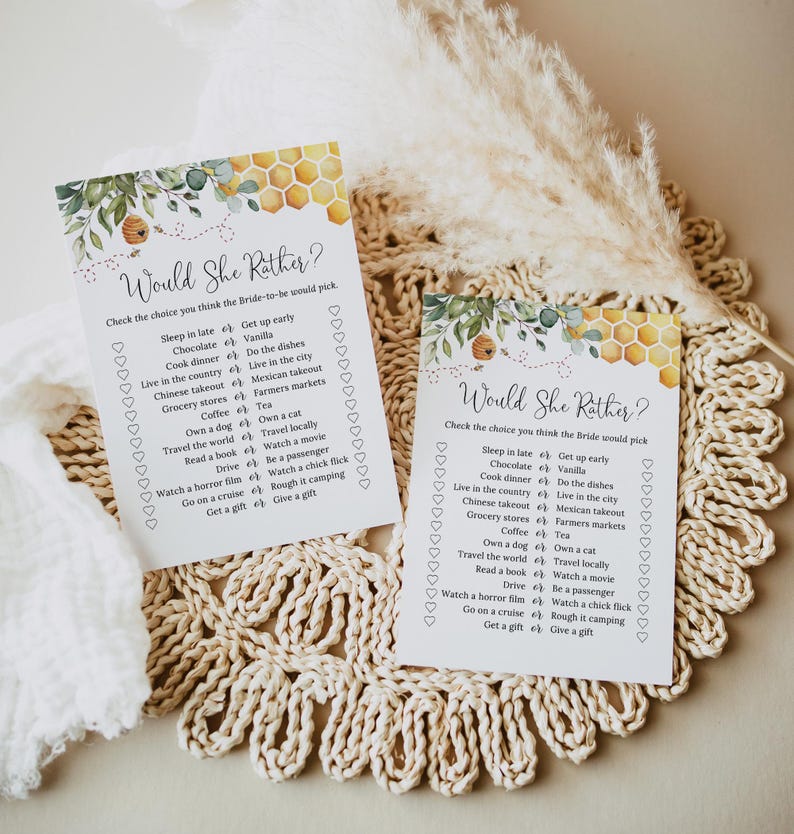 PRINTED or DIGITAL Bee Bridal Shower Games, Would She Rather Bridal Shower Game, Honey Bridal Shower, Wedding Shower Games, PW1497 image 2