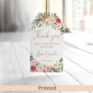 PRINTED or DIGITAL Bridal Shower Thank you Tags, Pink Floral Bridal Shower Favor Tags, Faux Gold, P51-2