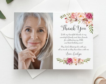 PRINTED or DIGITAL Floral Birthday Photo Thank You Cards, Pink 70th Birthday Thank You Note, PW99-2