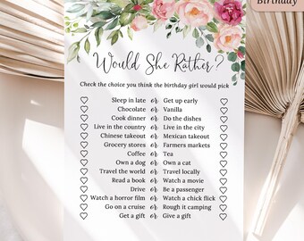 PRINTED or DIGITAL Pink Floral Birthday Would She Rather Game, Birthday Activities, P70-A