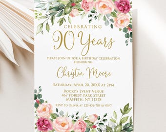 May include: A white invitation card with gold text and floral accents. The text reads "Celebrating 90 Years" and invites guests to a birthday celebration honoring Christin Moore. The card includes event details and RSVP information.