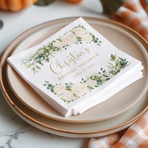 Personalized Floral Bridal Shower Napkins, Bridal Shower Beverage or Luncheon Napkins, White Flowers, B7-5