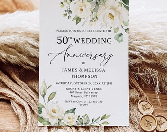PRINTED or DIGITAL Floral 50th Wedding Anniversary Invitation with Watercolor Greenery and White Flowers, PB36