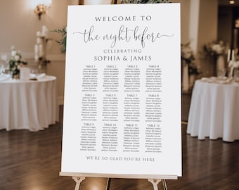 May include: A white sign with black text announcing "Welcome to the night before celebrating Sophia & James". The sign lists the names of guests assigned to each table number.
