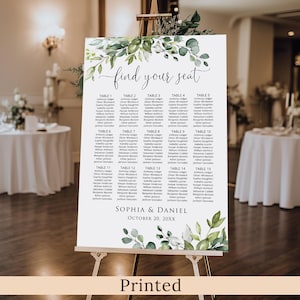 May include: A wedding seating chart with a green leafy design. The chart is titled "find your seat" and lists tables with guest names. The bottom of the chart reads "Sophia & Daniel" and "October 20, 20XX".