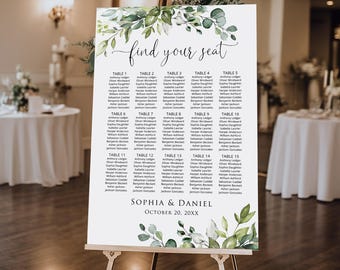 May include: A wedding seating chart with a green leafy design. The chart is titled "find your seat" and lists tables with guest names. The bottom of the chart reads "Sophia & Daniel" and "October 20, 20XX".