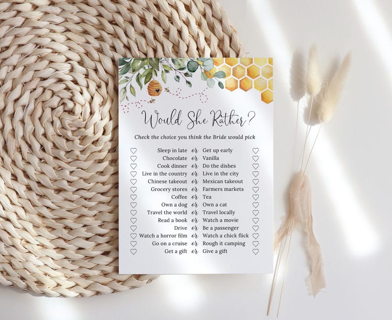 PRINTED or DIGITAL Bee Bridal Shower Games, Would She Rather Bridal Shower Game, Honey Bridal Shower, Wedding Shower Games, PW1497 image 3