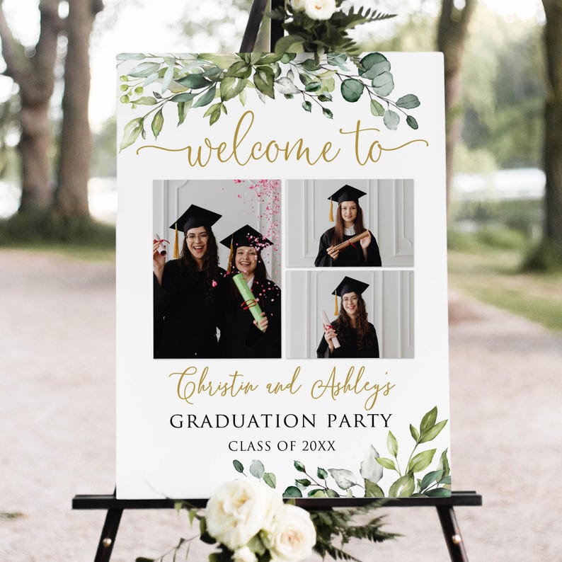 Graduation Photo Both Sign PRINTED or DIGITAL Greenery Joint Photo Graduation Welcome Sign, Double ...