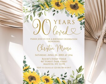 PRINTED or DIGITAL Sunflower Birthday Invitation, 90th Birthday Invite, Adults Birthday Party Invitation, P46-1