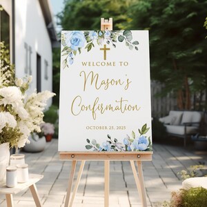 PRINTED Blue Floral Confirmation Welcome Sign, Boys Christening Welcome ...