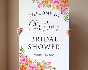 PRINTED or DIGITAL Hot Pink Orange Floral Bridal Shower Welcome Sign, D33