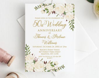 PRINTED or DIGITAL White Floral 50th Wedding Anniversary Invitation, Golden Anniversary Invite, Faux Gold, PW950-1