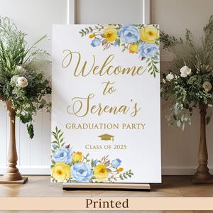 Letrero de bienvenida para fiesta de graduación con diseño floral impreso o digital, con flores de acuarela azules y amarillas, imitación de oro, BS16-1