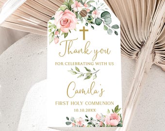 May include: White thank you tag with a gold cross, floral design, and the text "Thank you for celebrating with us Camila's First Holy Communion 10.10.20XX".