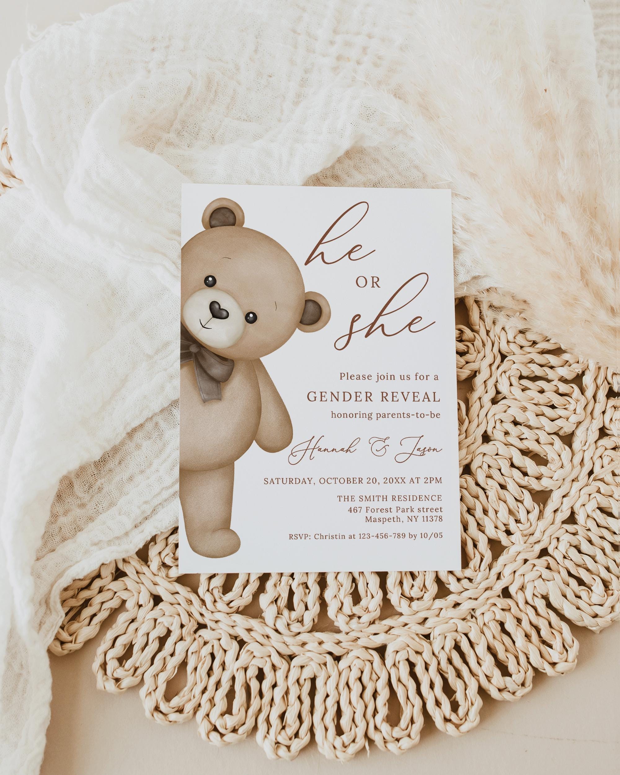PRINTED or DIGITAL Teddy Bear Gender Reveal Invitation With