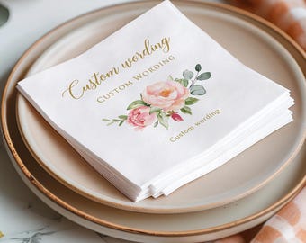 Personalized Cocktail Napkins, Pink Floral Custom Napkins, Luncheon Napkin, Faux Gold, P57-D