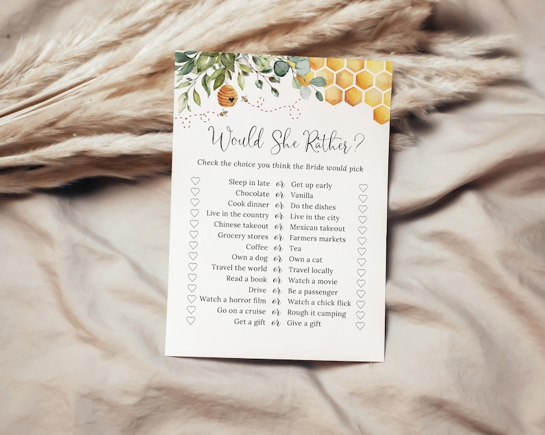 PRINTED or DIGITAL Bee Bridal Shower Games, Would She Rather Bridal Shower Game, Honey Bridal Shower, Wedding Shower Games, PW1497 image 4