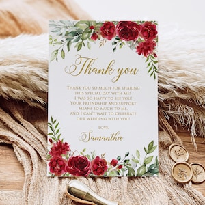 Carte de remerciement imprimée ou numérique pour la douche nuptiale florale rouge, cartes de remerciement d'anniversaire rouges, faux or, P41-1